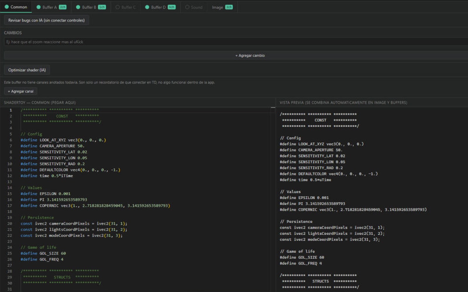 Pestañas por pase: código de Shadertoy y GLSL traducido