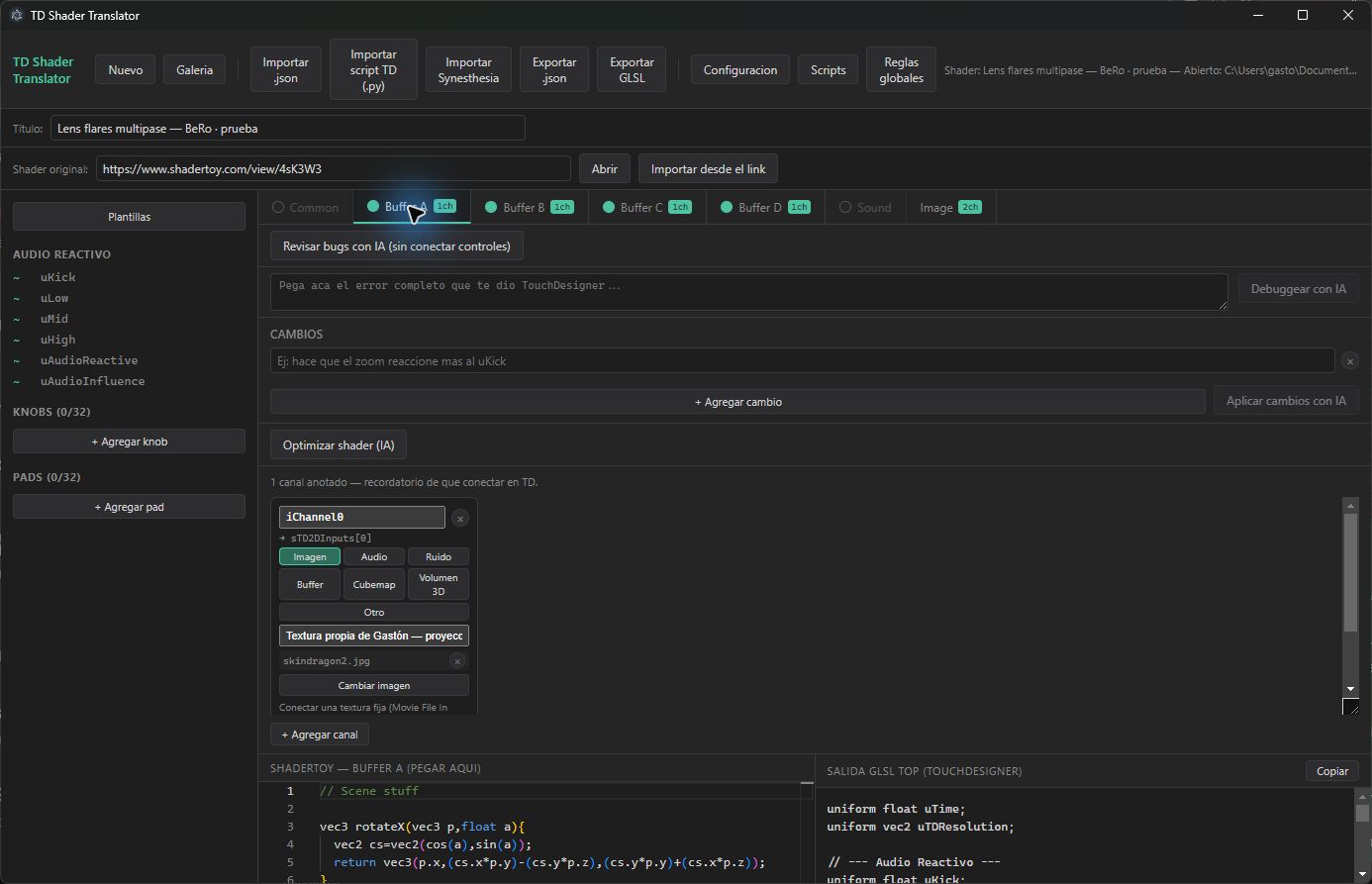 Buffer A configurado con skindragon2.jpg, una textura propia, como entrada de imagen