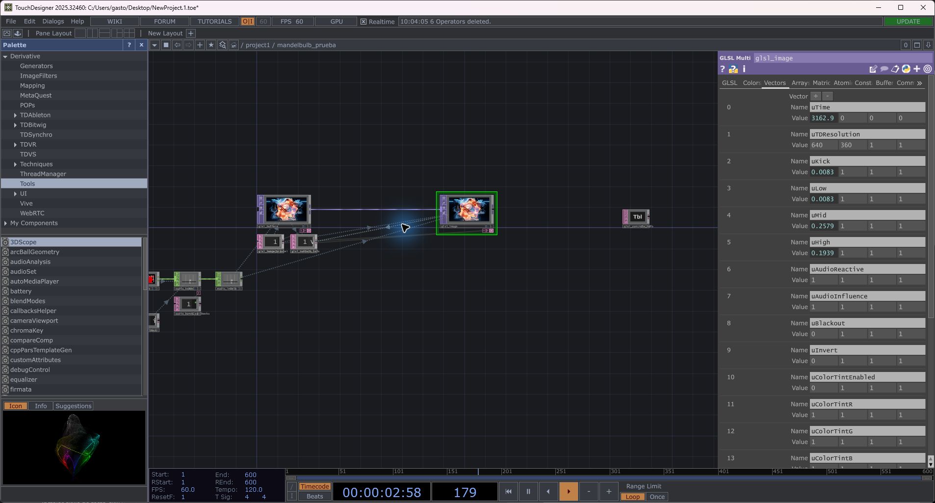 TouchDesigner: Buffer A conectado a Image y uniforms de graves, medios y agudos
